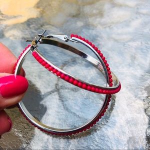 Hoops with Coral Beads Level Back Silver-tone Base